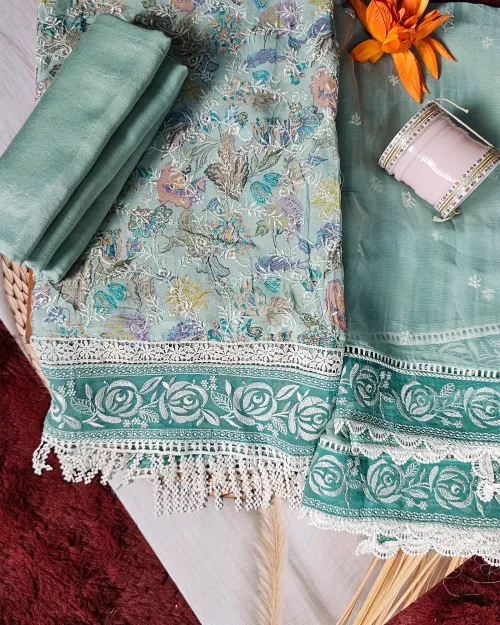 Ice Blue Embroidered Work Suit