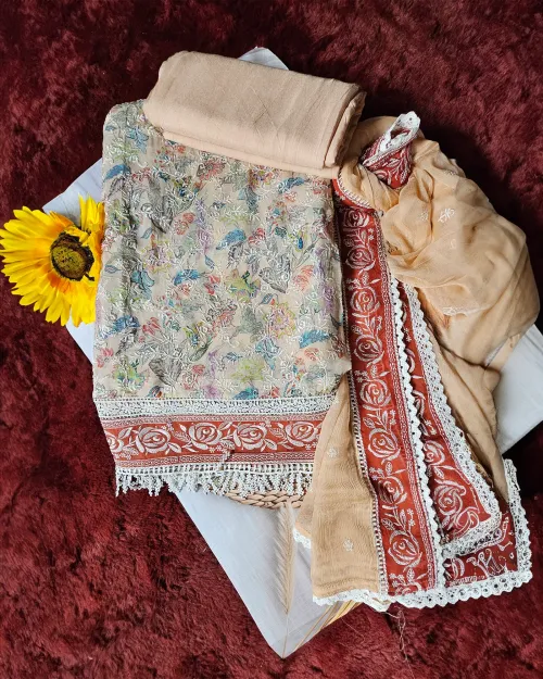 Beige Embroidered Casual Wear Suit