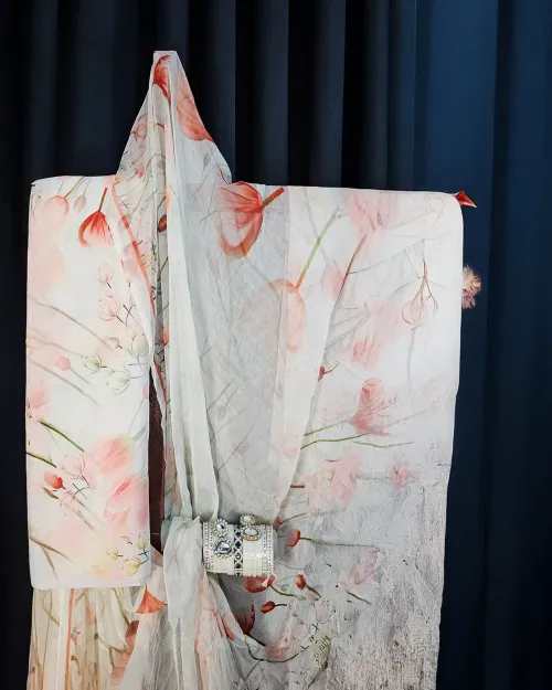 White Printed Crepe Silk Fabric Suit