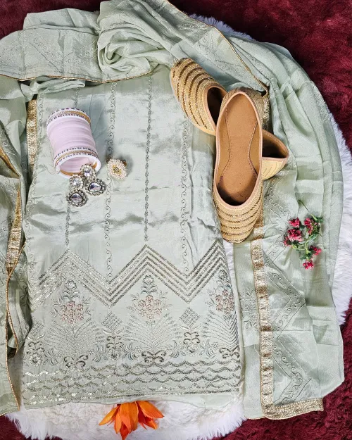 Pista Green Stone Work Crepe Silk Suit