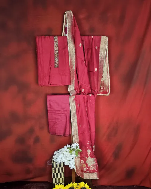 Red Cotton Silk Casual Wear Suit