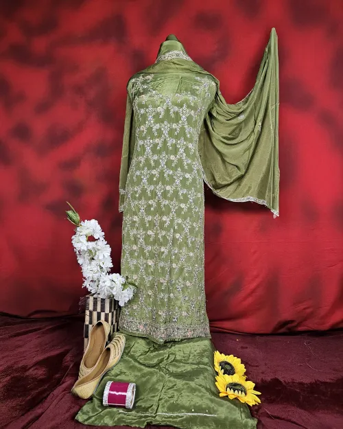 Green Stone Work Crepe Silk Unstitched Suit Set