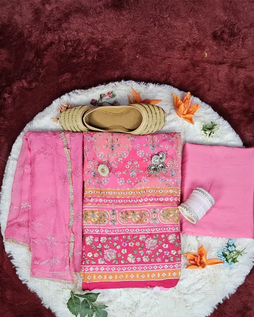 Peach Embroidery Work Cotton Silk Unstitched Suit Set With Chiffon Duppata