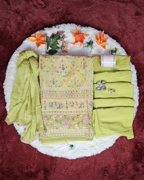 Green Embroidery Work Cotton Silk Unstitched Suit Set With Chiffon Duppata