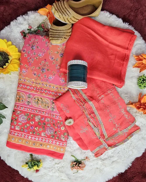 Gajari Red Embroidery Work Cotton Silk Unstitched Suit Set