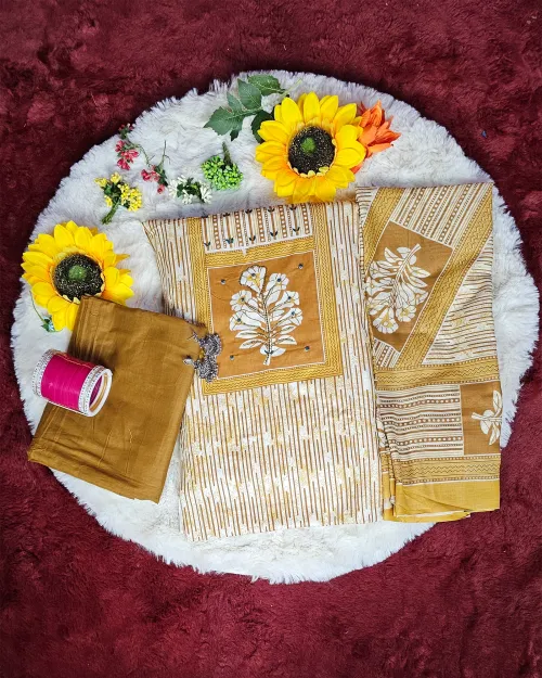White & Mustard Cotton Unstitched Salwar Suit Set