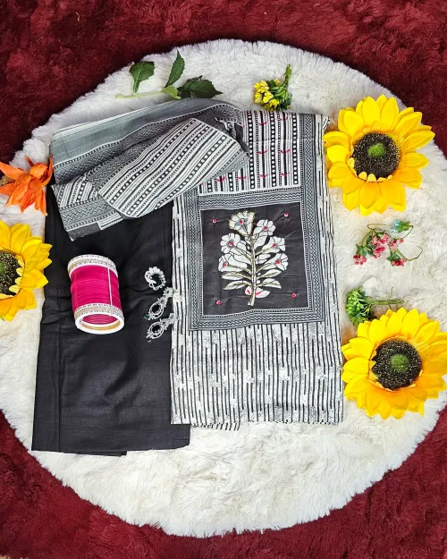 White & Black Pure Cotton Printed Unstitched Suit Set