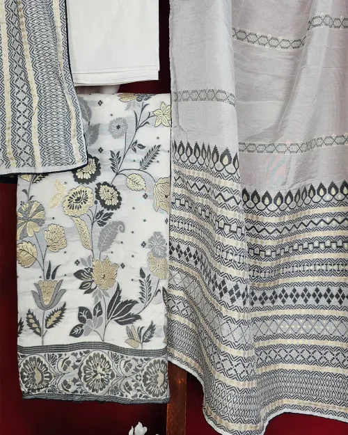 White Cotton Silk Printed Unstitched Suit Set
