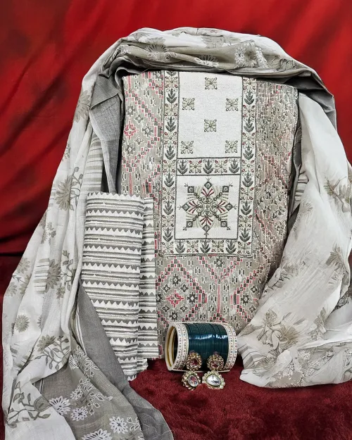 Grey Color Cotton Unstitched Salwar Suit