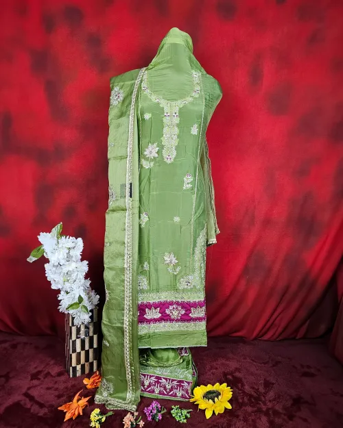 Green Color Organza Unstitched Salwar Suit Set