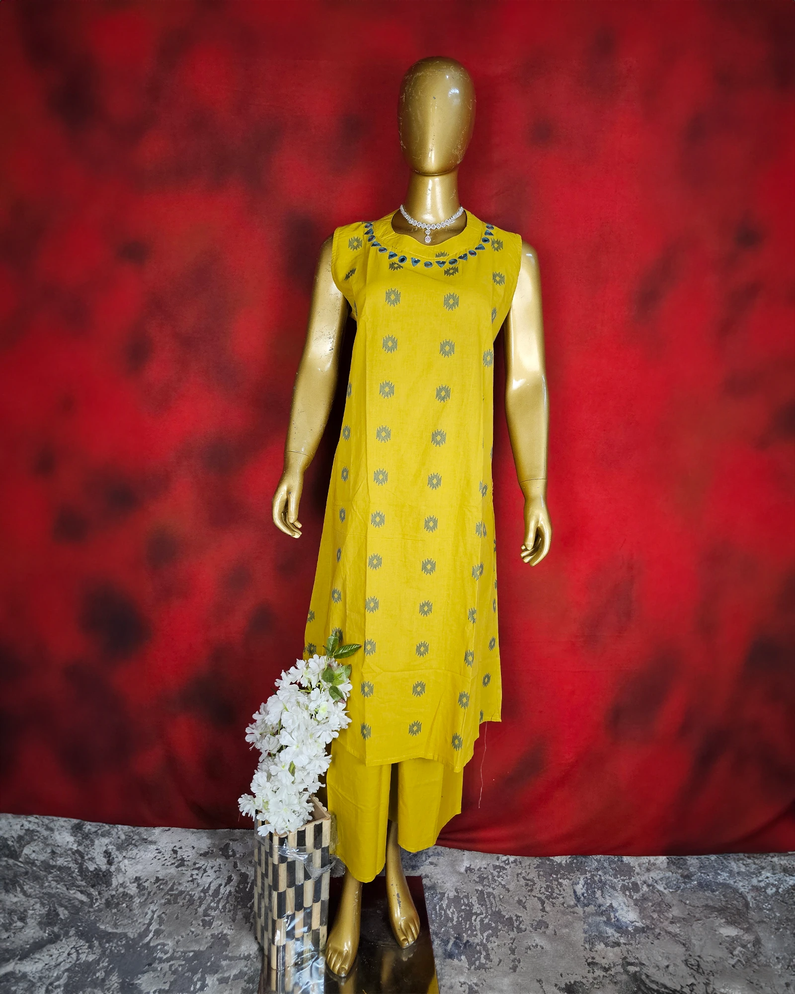 Yellow Straight Readymade Cotton Suit Set