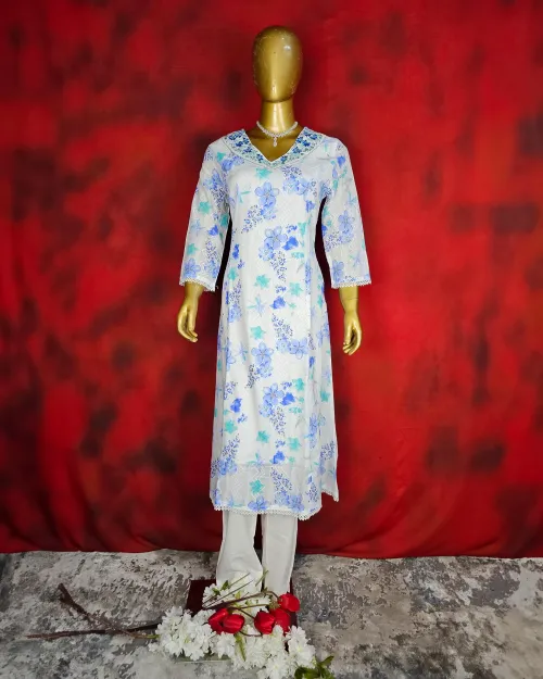 White Color Printed Readymade Cotton Suit Set
