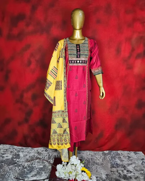 Red Color Printed Readymade Cotton Suit Set