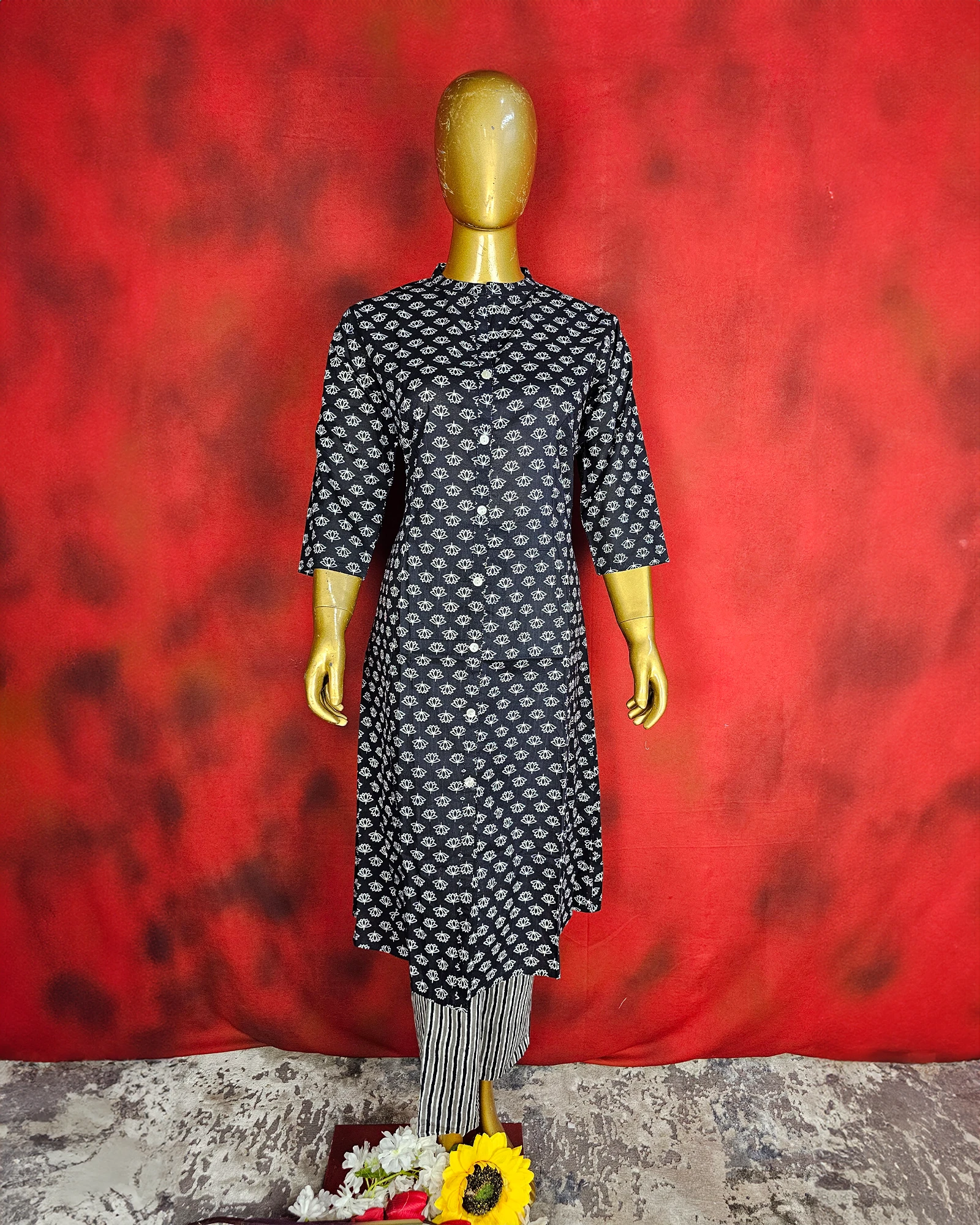 Grey Straight Readymade Cotton Suit Set