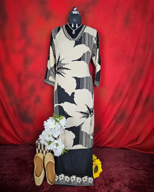 Beige & Black Readymade Cotton Suit Set