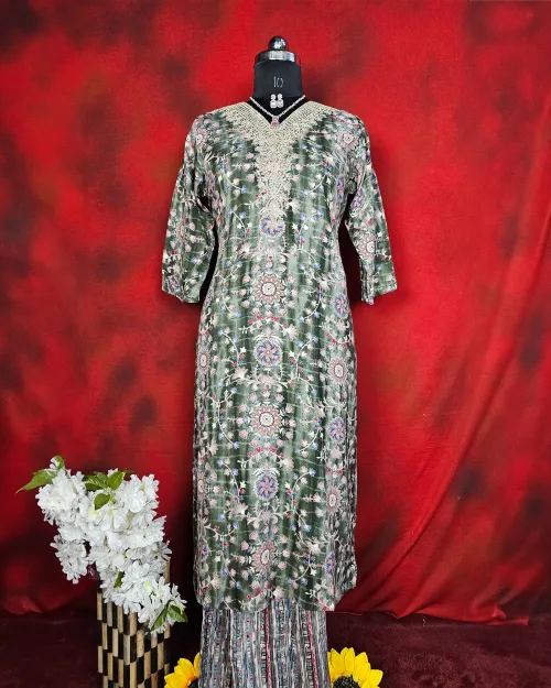 Green Color Muslin Readymade Straight Suit Set