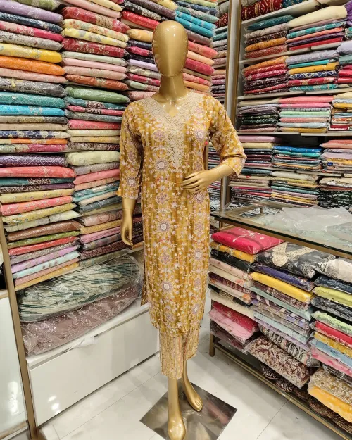 Yellow Muslin Readymade Straight Suit Set
