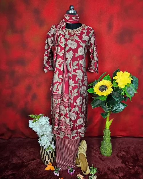 Maroon Stone Work Readymade Muslin Straight Suit Set