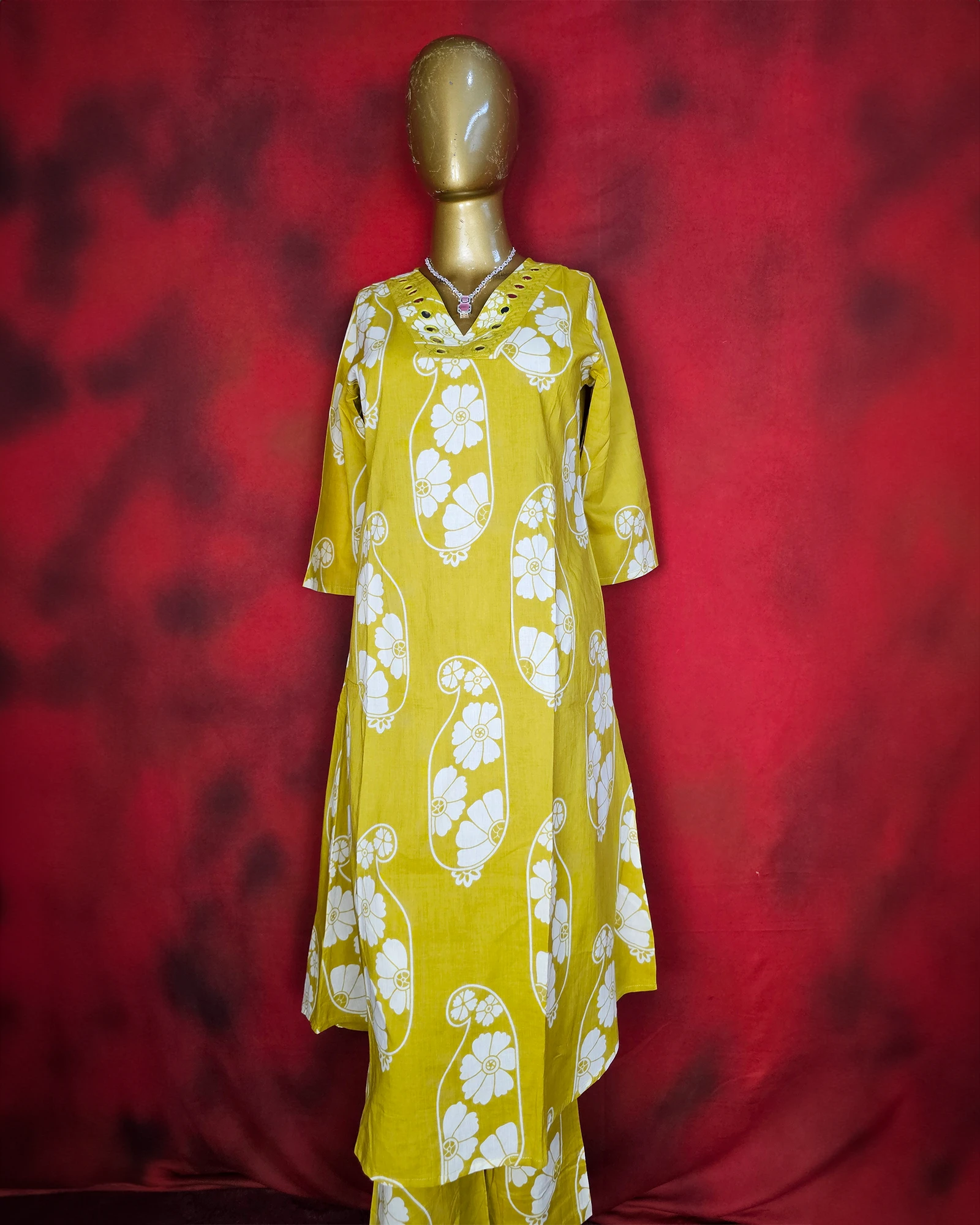 Yellowish Green Readymade Cotton Straight Suit Set