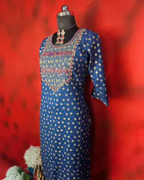 Navy Blue Cotton Readymade Straight Kurti