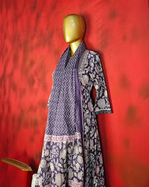Purple Readymade Cotton Straight Kurti Set