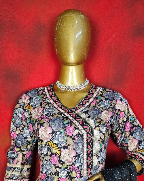 Black Printed Readymade Cotton Anarkali Suit Set