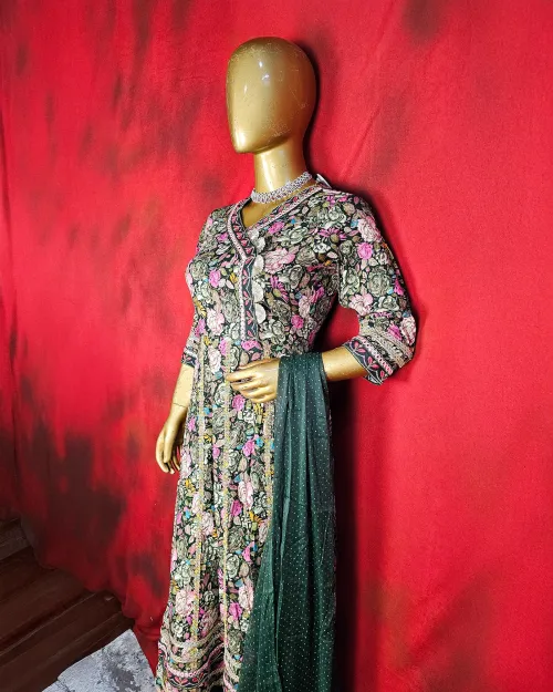 Green Printed Readymade Cotton Anarkali Suit Set