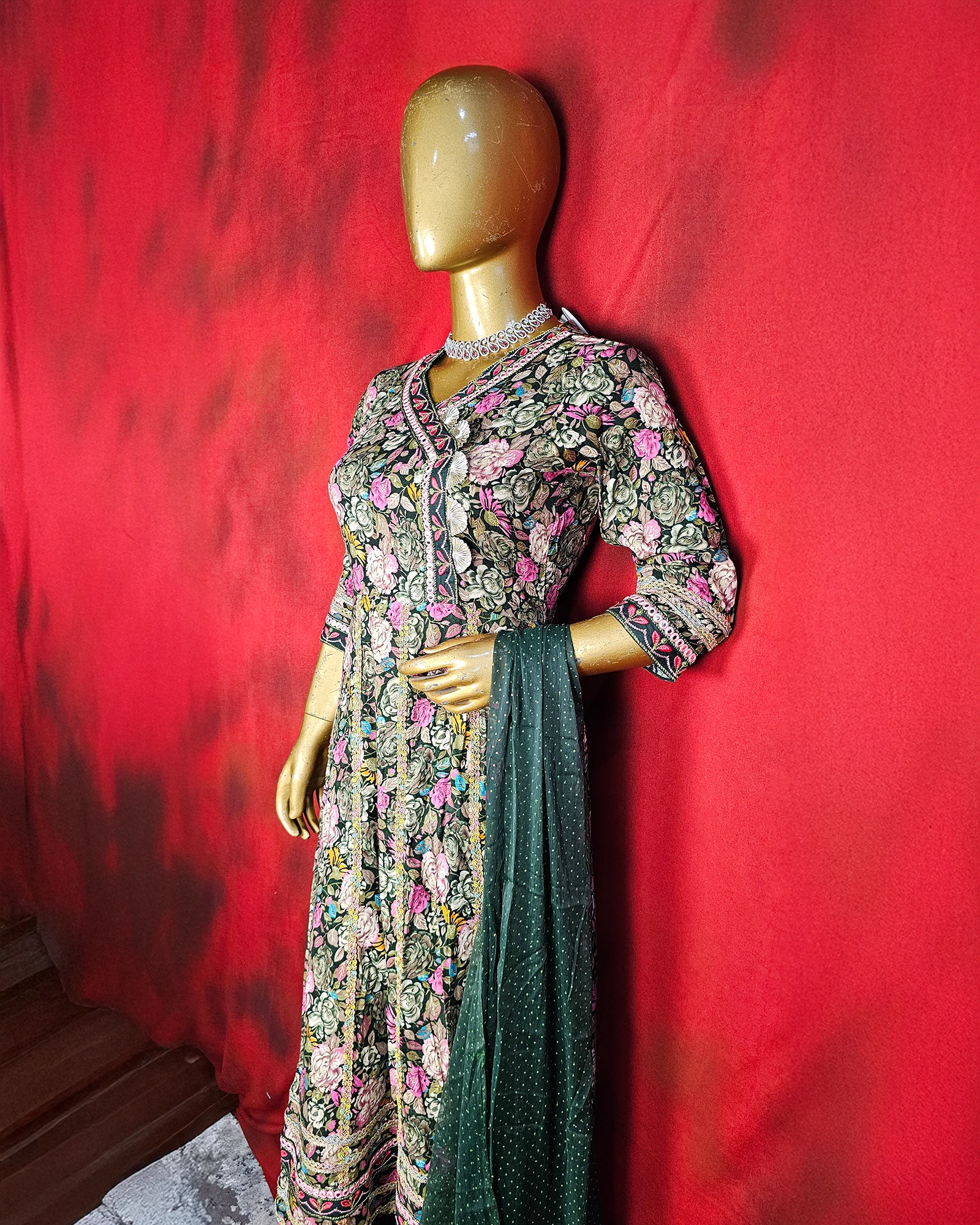 Green Printed Readymade Cotton Anarkali Suit Set