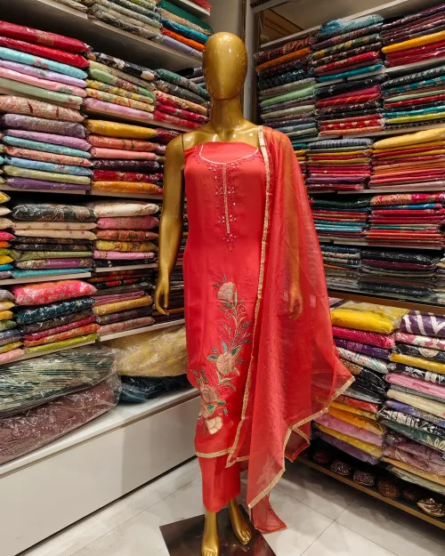 Gajari Red Organza Unstitched Salwar Suit Set