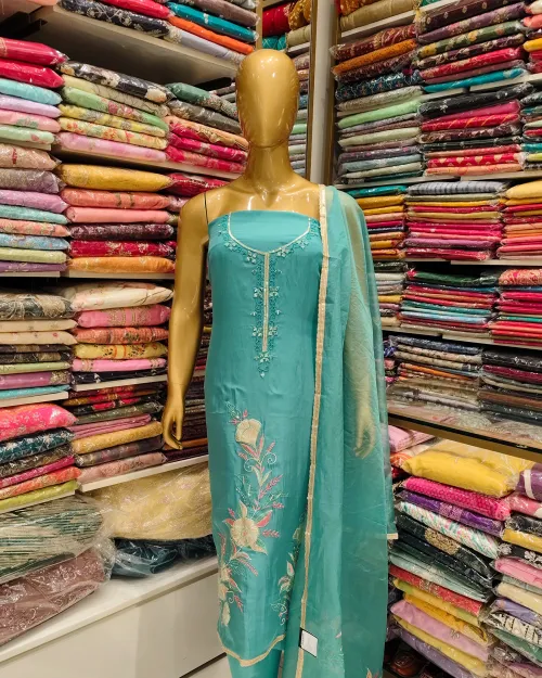 Sky Blue Organza Unstitched Salwar Suit Set