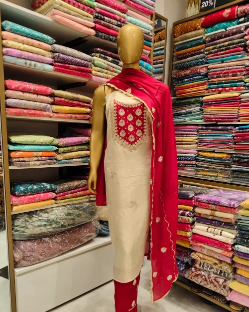 Golden Cotton Silk Unstitched Salwar Suit Set