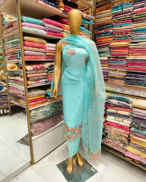 Ice Blue Organza Unstitched Salwar Suit Set