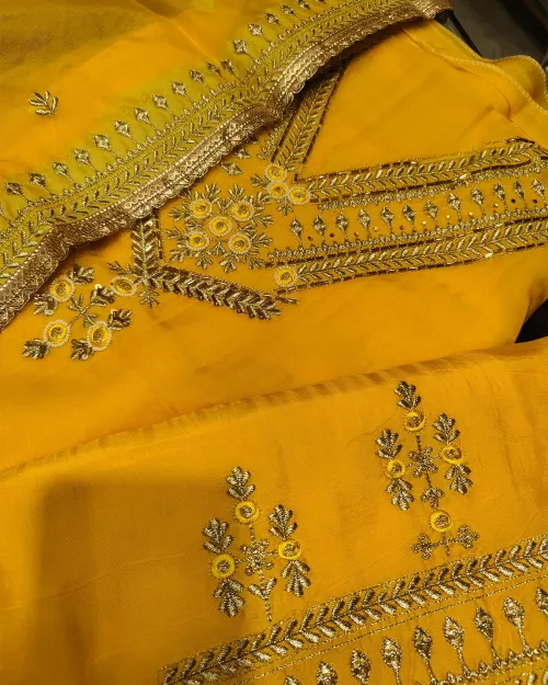 yellow Organza Unstitched Salwar Suit Set