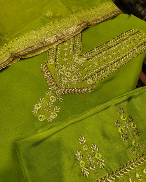 Neon Green Organza Unstitched Salwar Suit Set
