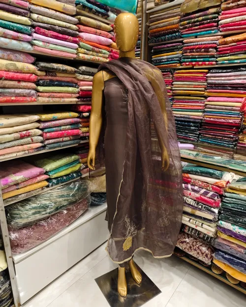 Grey Organza Unstitched Salwar Suit Set