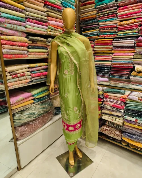 Green Colour Organza Unstitched Salwar Suit Set