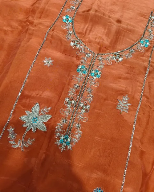 Orange Color Organza Unstitched Salwar Suit Set