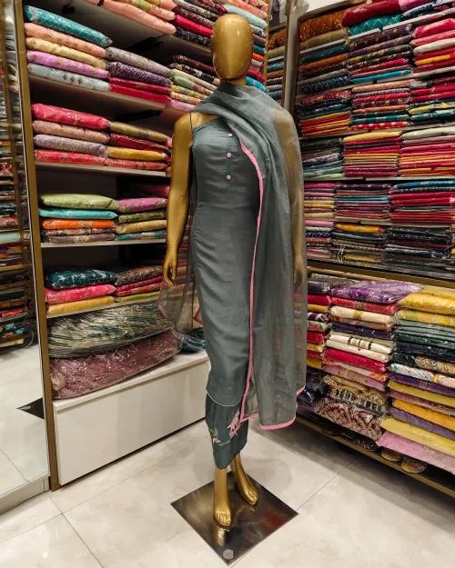 Grey Crepe Silk Unstitched Salwar Suit Set