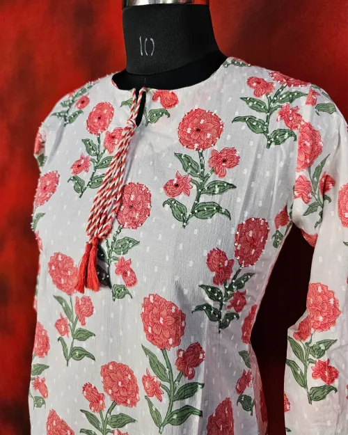 White Readymade Cotton Kurti Set