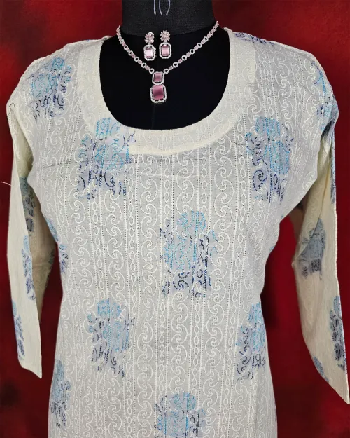 White Readymade Cotton Straight Kurti Set