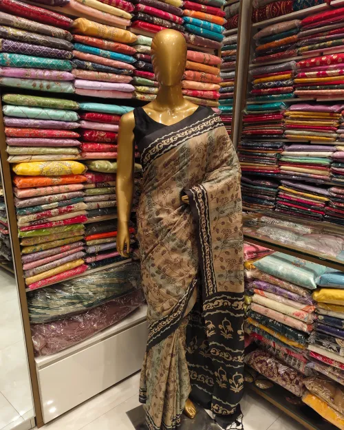 Beige & Black Embroidery Work Tussar Cotton Saree