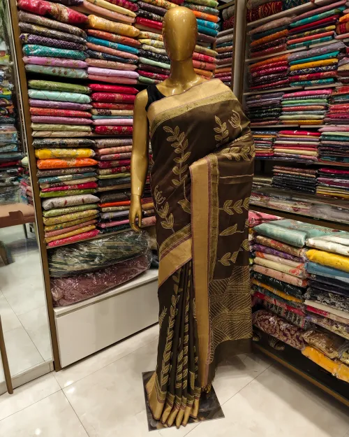 Bottle Green Embroidery Work Tassar Cotton Saree