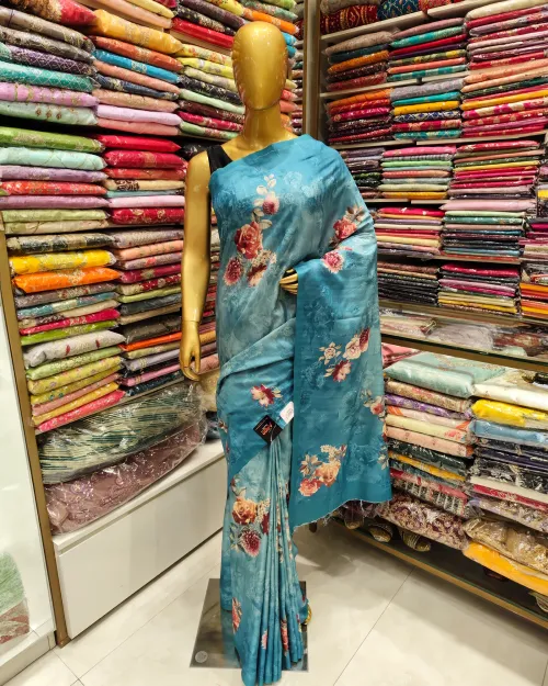 Sky Blue Embroidery Work Tassar Cotton Saree