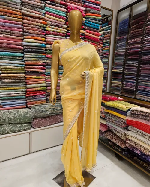 Lemon Color Stone Work Organza Saree