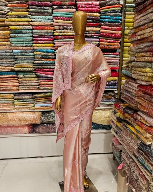 Peachish Pink  Embroidery Work Chinon Saree