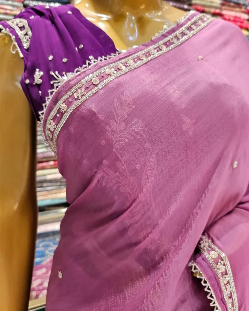 Pinkish Purple Stone Work Chiffon Saree