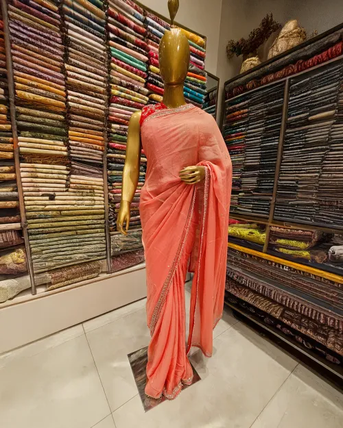 Peach Colour Stone Work Chiffon Saree