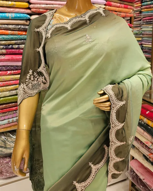 Light Green Stone Work Crepe Silk Saree