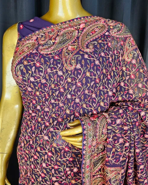 Dark Wine Embroidery Work Georgette Saree