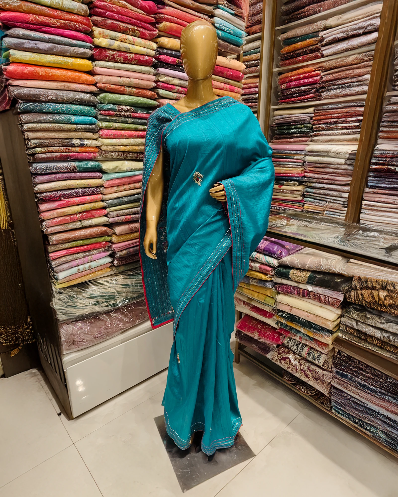 Firozi Color Embroidery Work Tussar Cotton Saree